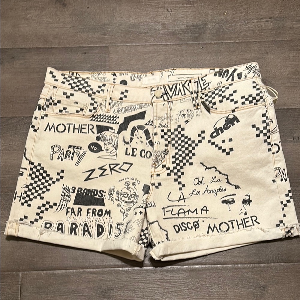 MOTHER Cream and Black Jean Shorts Graphic Print